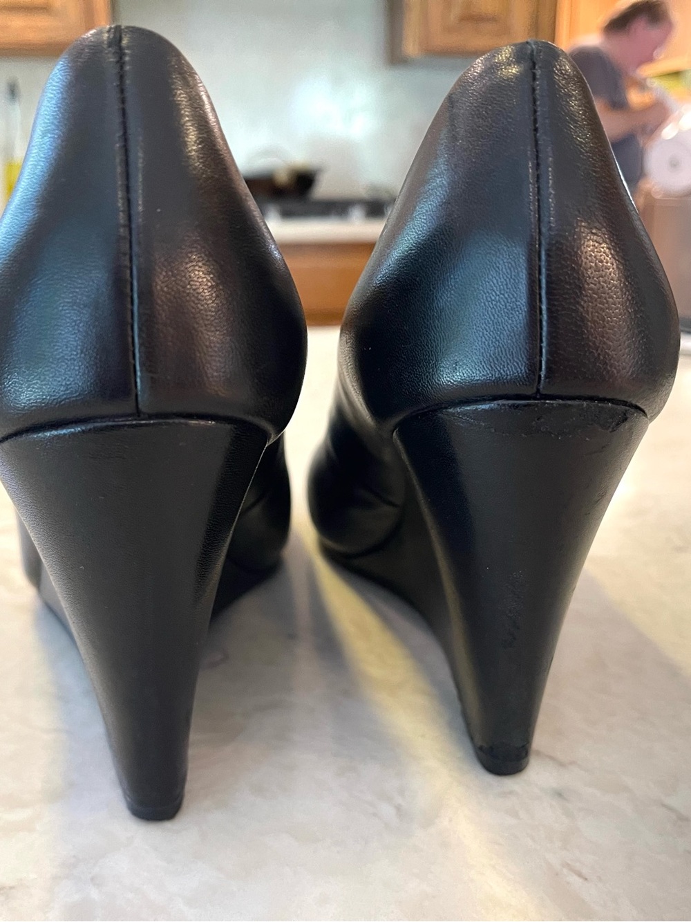 Tory Burch Black Leather wedge pumps with Gold Logo Medallions, 4” heel. - Picture 4 of 10